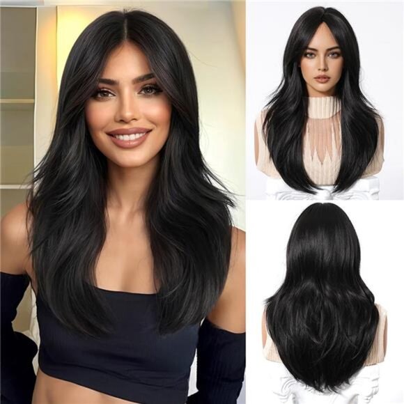 Long Straight Dark Brown Wig for Women with Curtain Bangs Natural Dark Brown-E